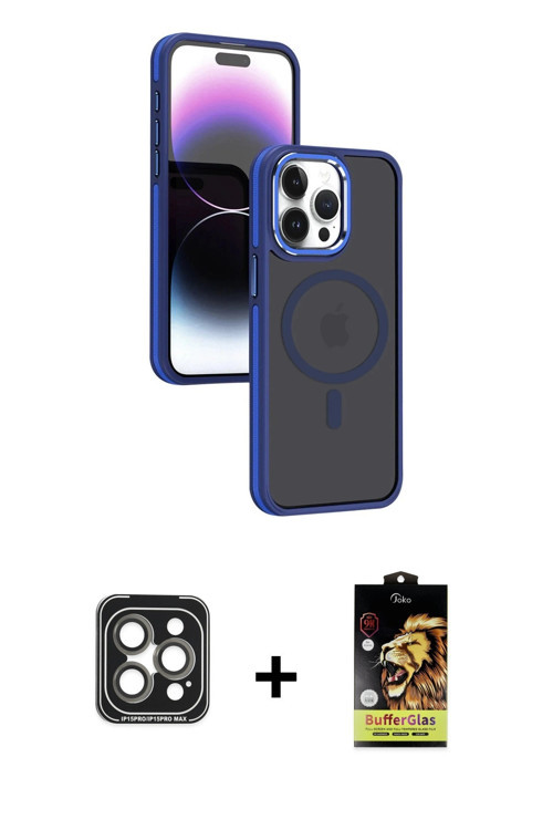 ieg™ iPhone 15 Pro Max Kılıf Yörünge Klasik - Siyah Buffer Cam Ekran Koruyucu + Gri PVD Metal Kamera