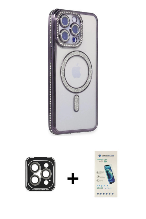 ieg™ iPhone 15 Pro Max Kılıf Zirve Doku Prime - Şeffaf Pasifik Cam Ekran Koruyucu + Gri PVD Metal Ka