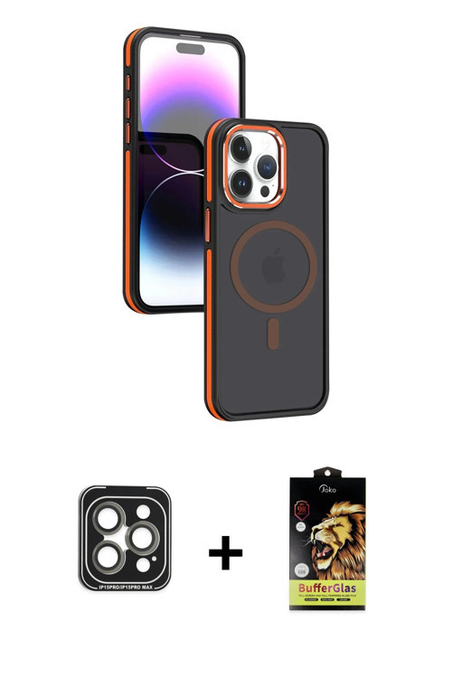ieg™ iPhone 15 Pro Max Kılıf Yörünge Klasik - Siyah Buffer Cam Ekran Koruyucu + Gri PVD Metal Kamera
