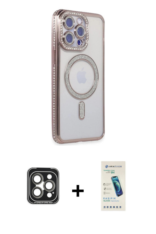 ieg™ iPhone 15 Pro Max Kılıf Zirve Doku Prime - Şeffaf Pasifik Cam Ekran Koruyucu + Gri PVD Metal Ka