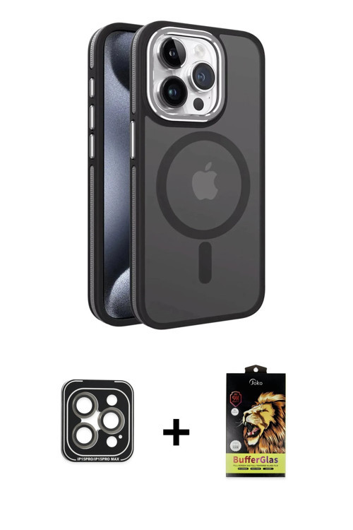ieg™ iPhone 15 Pro Max Kılıf Yörünge Klasik - Siyah Buffer Cam Ekran Koruyucu + Gri PVD Metal Kamera