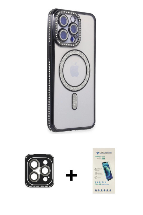 ieg™ iPhone 15 Pro Max Kılıf Zirve Doku Prime - Şeffaf Pasifik Cam Ekran Koruyucu + Gri PVD Metal Ka