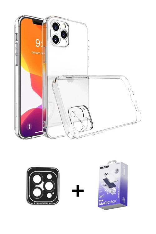 ieg™ iPhone 15 Pro Max Kılıf Zirve Doku - Siyah Bilvis 5in1 5D Magic Hayalet Cam Ekran Koruyucu + Si