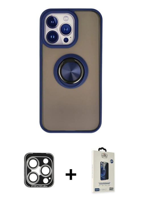 ieg™ iPhone 15 Pro Max Kılıf Yörünge Çizgi - Siyah Bilvis Hayalet Cam Ekran Koruyucu + Gümüş PVD Met