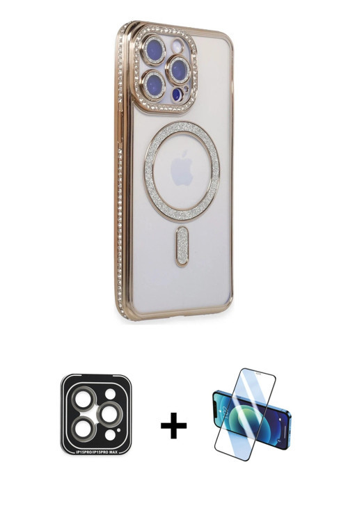 ieg™ iPhone 15 Pro Max Kılıf Zirve Doku Prime - Siyah 3D Antistatik Cam Ekran Koruyucu + Gri PVD Met