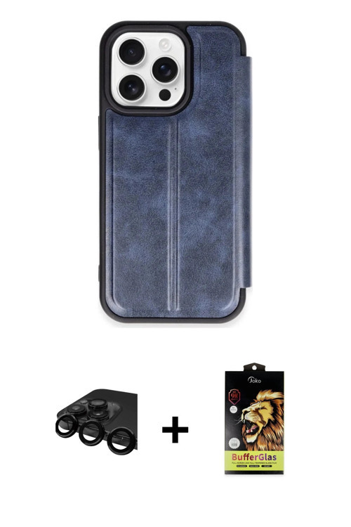 ieg™ iPhone 15 Pro Max Kılıf Zirve Yansıma Serisi - Siyah Buffer Cam Ekran Koruyucu + Siyah Raze Met