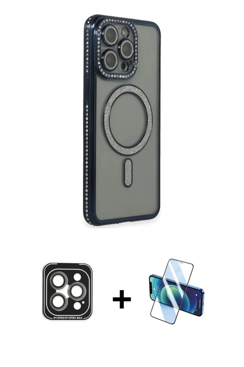 ieg™ iPhone 15 Pro Max Kılıf Zirve Doku Prime - Siyah 3D Antistatik Cam Ekran Koruyucu + Gri PVD Met