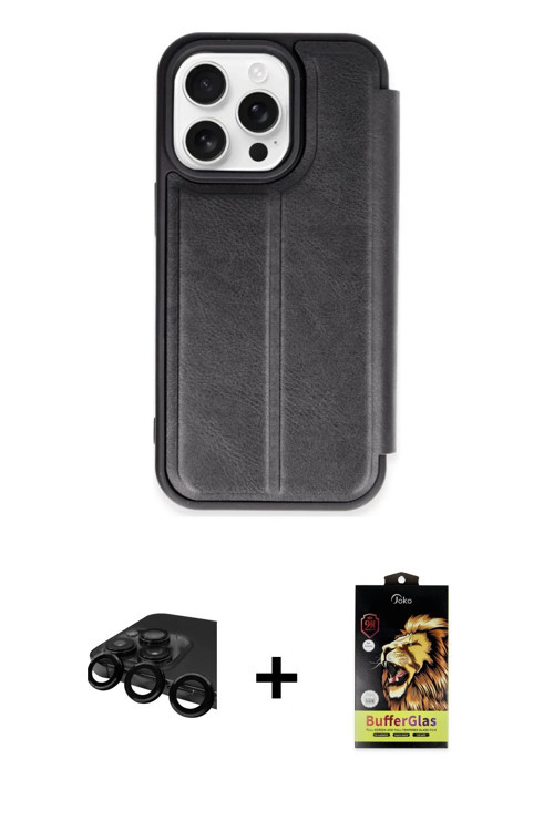 ieg™ iPhone 15 Pro Max Kılıf Zirve Yansıma Serisi - Siyah Buffer Cam Ekran Koruyucu + Siyah Raze Met