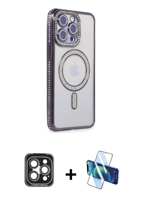 ieg™ iPhone 15 Pro Max Kılıf Zirve Doku Prime - Siyah 3D Antistatik Cam Ekran Koruyucu + Gri PVD Met