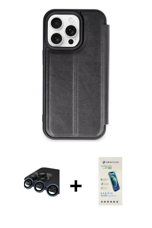 ieg™ iPhone 15 Pro Max Kılıf Zirve Yansıma Serisi - Şeffaf Pasifik Cam Ekran Koruyucu + Lacivert Raz