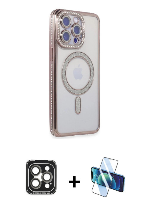 ieg™ iPhone 15 Pro Max Kılıf Zirve Doku Prime - Siyah 3D Antistatik Cam Ekran Koruyucu + Gri PVD Met