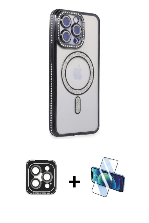ieg™ iPhone 15 Pro Max Kılıf Zirve Doku Prime - Siyah 3D Antistatik Cam Ekran Koruyucu + Gri PVD Met