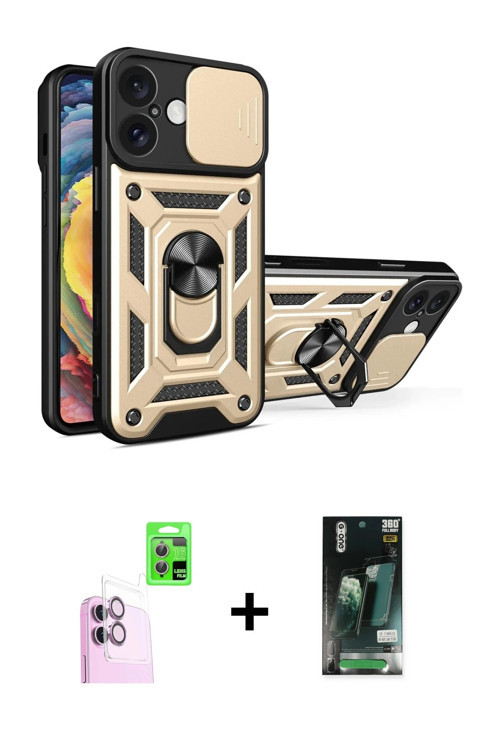 ieg™ iPhone 16 Kılıf Ahenk Klasik - Siyah 360 Mat Full Body Arka Koruyucu + Pembe Raze Metal Kamera