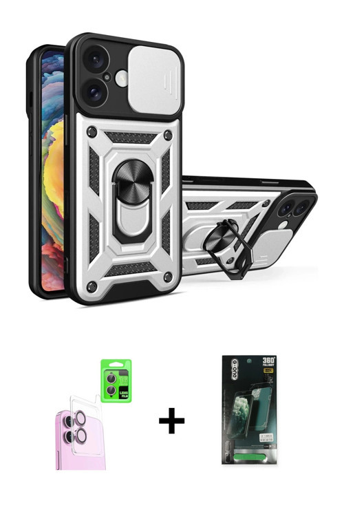 ieg™ iPhone 16 Kılıf Ahenk Klasik - Siyah 360 Mat Full Body Arka Koruyucu + Pembe Raze Metal Kamera