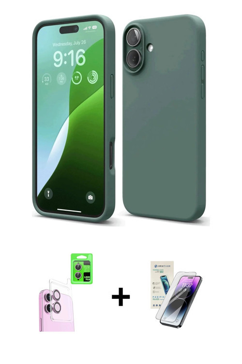 ieg™ iPhone 16 Kılıf Ahenk Serisi - Şeffaf Pasifik Cam Ekran Koruyucu + Pembe Raze Metal Kamera Lens