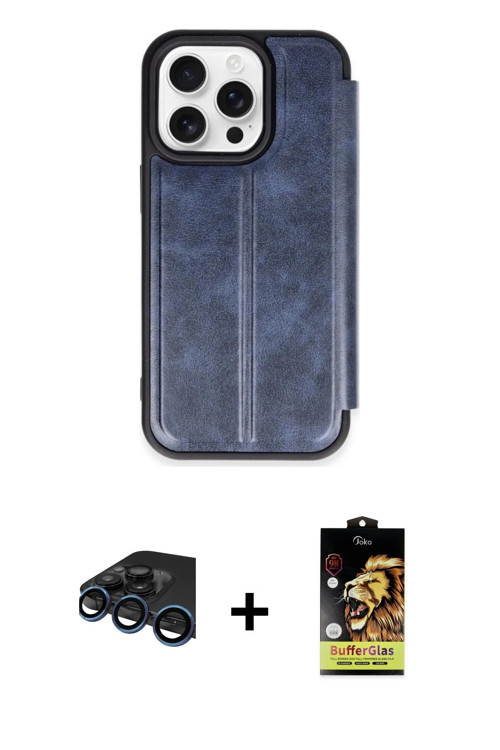 ieg™ iPhone 15 Pro Max Kılıf Zirve Yansıma Serisi - Siyah Buffer Cam Ekran Koruyucu + Lacivert Raze