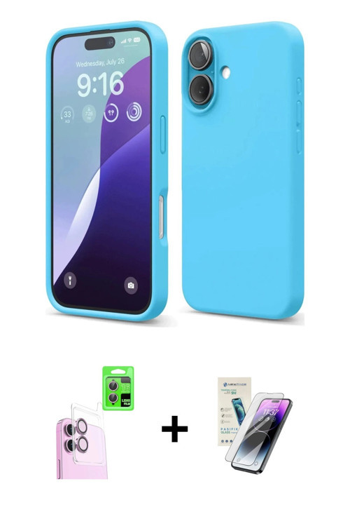 ieg™ iPhone 16 Kılıf Ahenk Serisi - Şeffaf Pasifik Cam Ekran Koruyucu + Pembe Raze Metal Kamera Lens