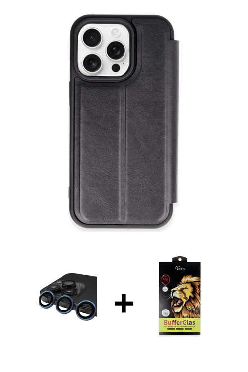 ieg™ iPhone 15 Pro Max Kılıf Zirve Yansıma Serisi - Siyah Buffer Cam Ekran Koruyucu + Lacivert Raze