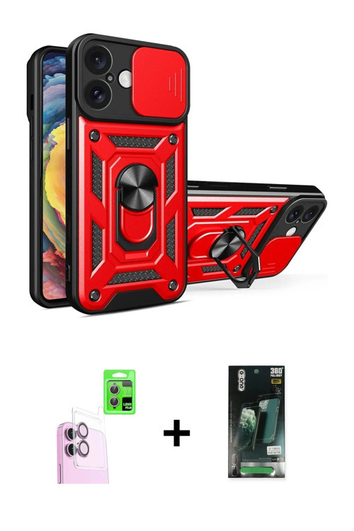ieg™ iPhone 16 Kılıf Ahenk Klasik - Siyah 360 Mat Full Body Arka Koruyucu + Pembe Raze Metal Kamera