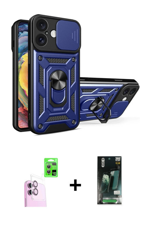 ieg™ iPhone 16 Kılıf Ahenk Klasik - Siyah 360 Mat Full Body Arka Koruyucu + Pembe Raze Metal Kamera