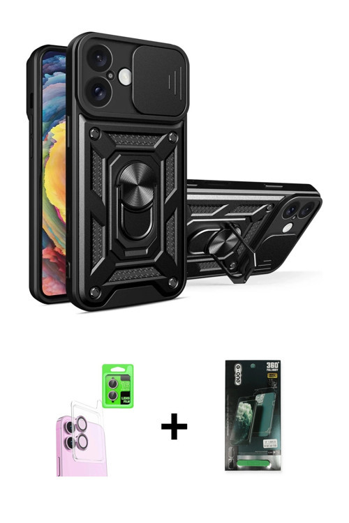 ieg™ iPhone 16 Kılıf Ahenk Klasik - Siyah 360 Mat Full Body Arka Koruyucu + Pembe Raze Metal Kamera