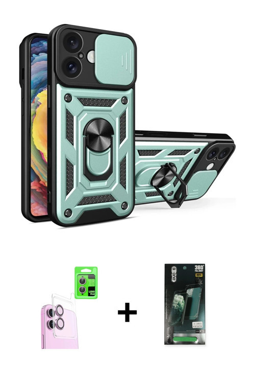 ieg™ iPhone 16 Kılıf Ahenk Klasik - Siyah 360 Mat Full Body Arka Koruyucu + Pembe Raze Metal Kamera