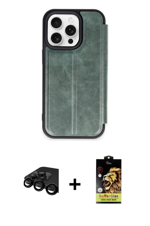 ieg™ iPhone 15 Pro Max Kılıf Zirve Yansıma Serisi - Siyah Buffer Cam Ekran Koruyucu + Siyah Raze Met