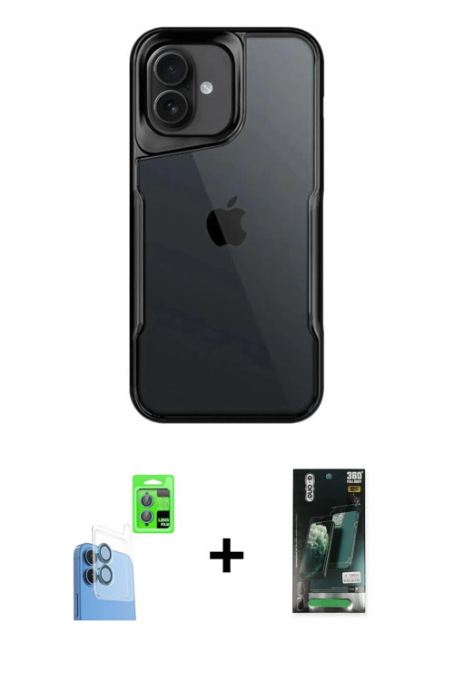 ieg™ iPhone 16 Kılıf Akış Çizgi Koleksiyonu - Siyah 360 Mat Full Body Arka Koruyucu + Lacivert Raze