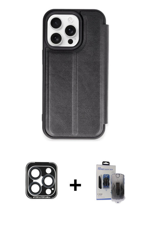 ieg™ iPhone 15 Pro Max Kılıf Zirve Yansıma Serisi - Siyah Vanessa Magic Hayalet Cam + Lacivert PVD M