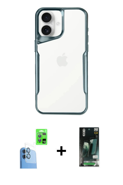 ieg™ iPhone 16 Kılıf Akış Çizgi Koleksiyonu - Siyah 360 Mat Full Body Arka Koruyucu + Lacivert Raze