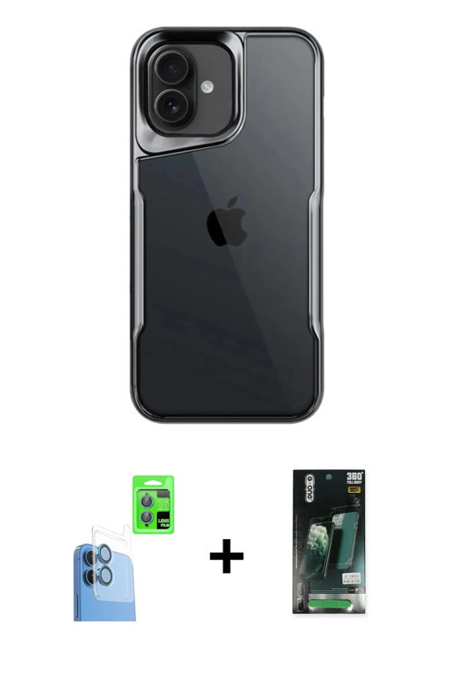 ieg™ iPhone 16 Kılıf Akış Çizgi Koleksiyonu - Siyah 360 Mat Full Body Arka Koruyucu + Lacivert Raze