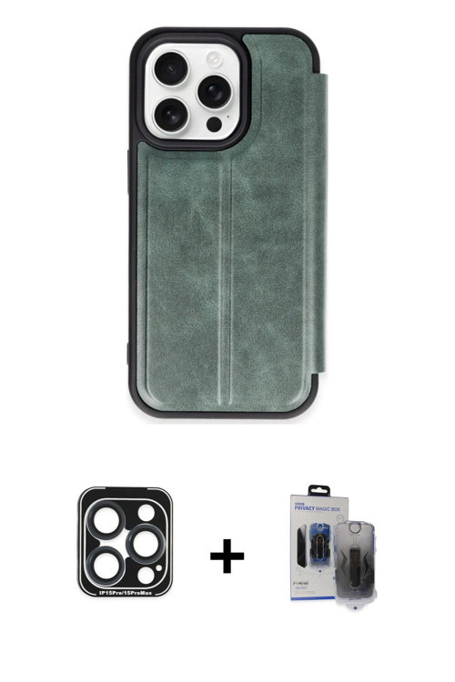 ieg™ iPhone 15 Pro Max Kılıf Zirve Yansıma Serisi - Siyah Vanessa Magic Hayalet Cam + Lacivert PVD M