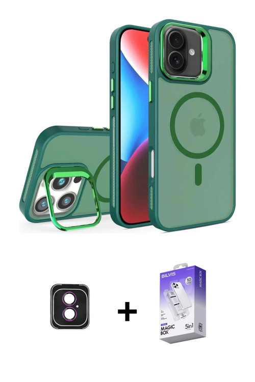 ieg™ iPhone 16 Kılıf Akış Form - Siyah Bilvis 5in1 3D Magic Cam Ekran Koruyucu + Pembe PVD Metal Kam