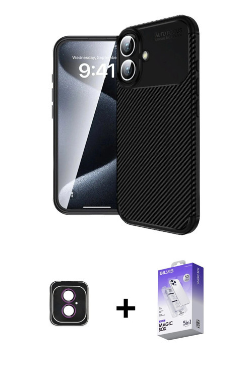 ieg™ iPhone 16 Kılıf Eksen Form Prime - Siyah Bilvis 5in1 3D Magic Cam Ekran Koruyucu + Pembe PVD Me