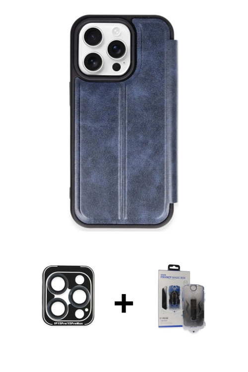 ieg™ iPhone 15 Pro Max Kılıf Zirve Yansıma Serisi - Siyah Vanessa Magic Hayalet Cam + Lacivert PVD M