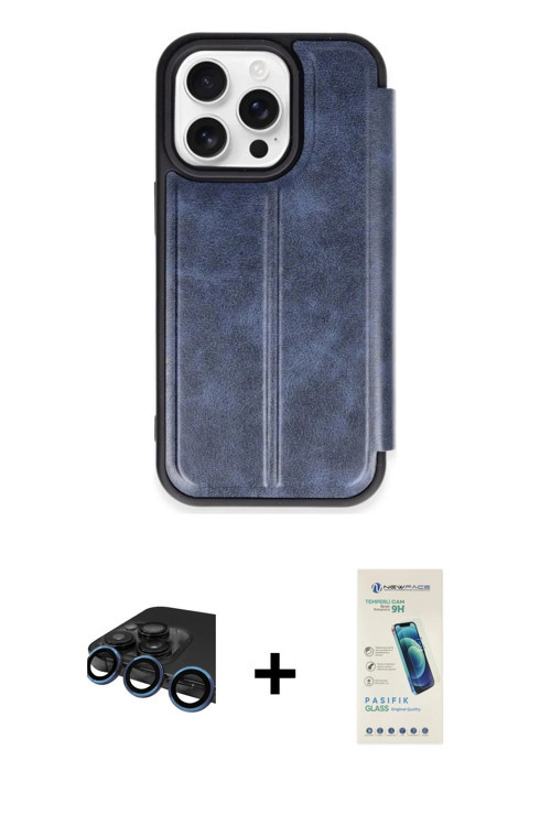 ieg™ iPhone 15 Pro Max Kılıf Zirve Yansıma Serisi - Şeffaf Pasifik Cam Ekran Koruyucu + Lacivert Raz