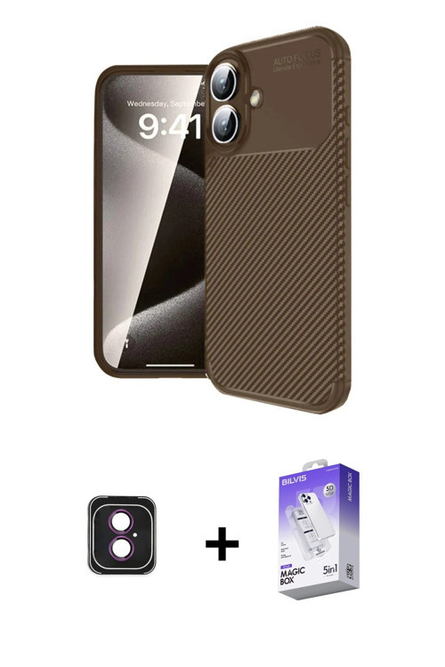 ieg™ iPhone 16 Kılıf Eksen Form Prime - Siyah Bilvis 5in1 3D Magic Cam Ekran Koruyucu + Pembe PVD Me