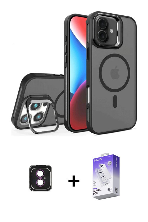 ieg™ iPhone 16 Kılıf Akış Form - Siyah Bilvis 5in1 3D Magic Cam Ekran Koruyucu + Pembe PVD Metal Kam