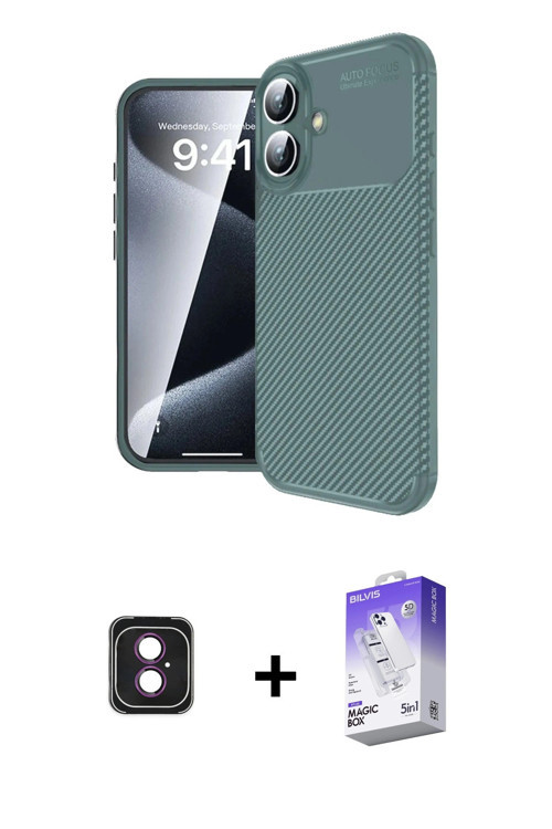 ieg™ iPhone 16 Kılıf Eksen Form Prime - Siyah Bilvis 5in1 3D Magic Cam Ekran Koruyucu + Pembe PVD Me