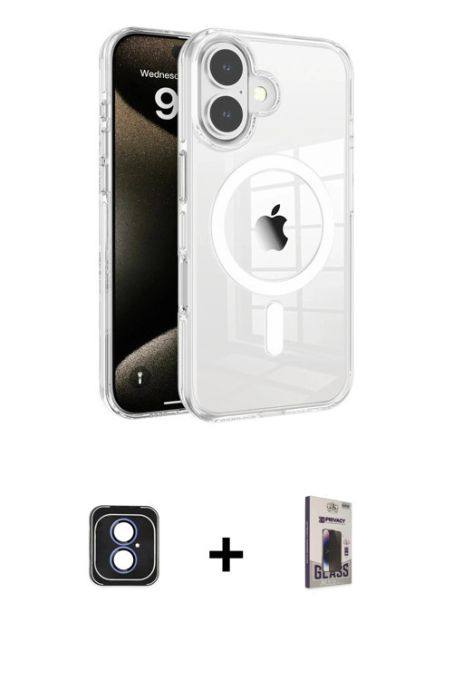 ieg™ iPhone 16 Kılıf Doruk Doku Özel Seri - Siyah Bilvis Hayalet Cam Ekran Koruyucu + Mavi PVD Metal