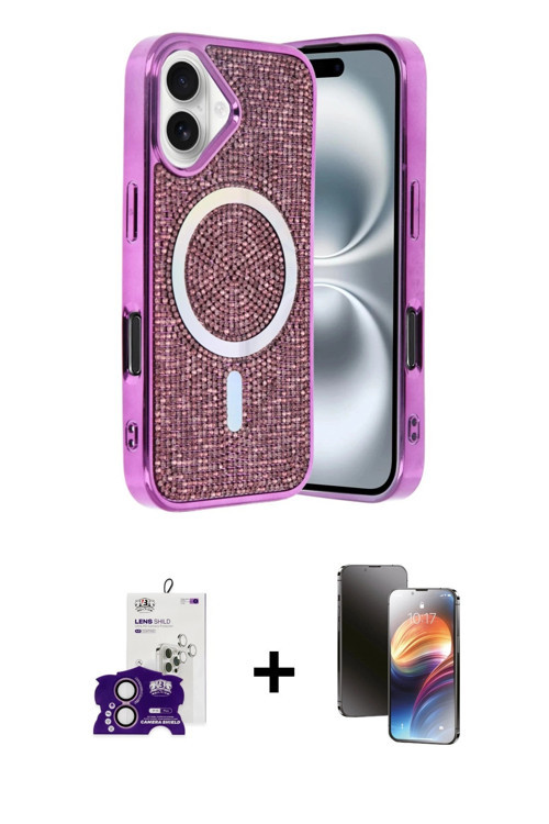 ieg™ iPhone 16 Kılıf Eksen Çizgi - Siyah 3D Antistatik Mat Seramik Nano Ekran Koruyucu + Pembe Bilvi