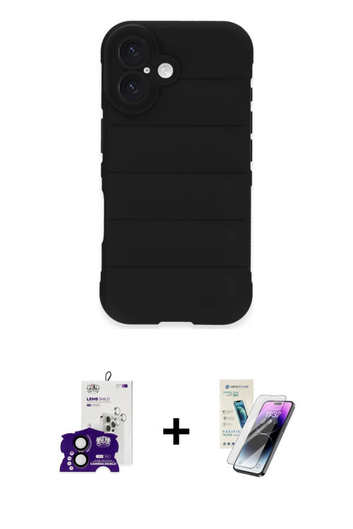 ieg™ iPhone 16 Kılıf Atlas Koleksiyonu - Şeffaf Pasifik Cam Ekran Koruyucu + Siyah Bilvis Titan Kame