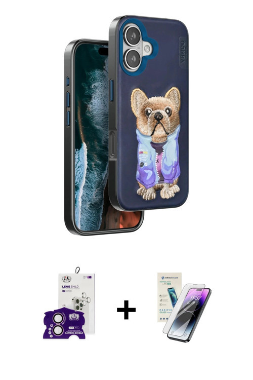 ieg™ iPhone 16 Kılıf İz Minimal Koleksiyonu - Şeffaf Pasifik Cam Ekran Koruyucu + Pembe Bilvis Titan