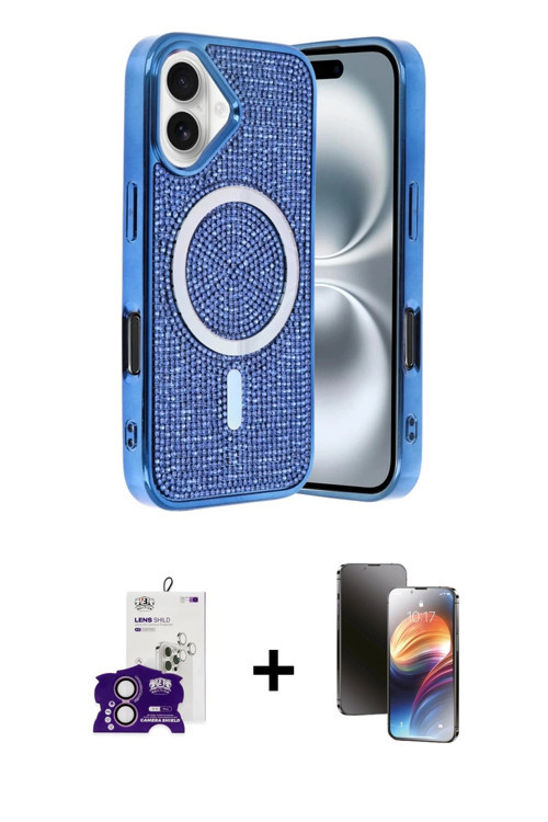 ieg™ iPhone 16 Kılıf Eksen Çizgi - Siyah 3D Antistatik Mat Seramik Nano Ekran Koruyucu + Pembe Bilvi