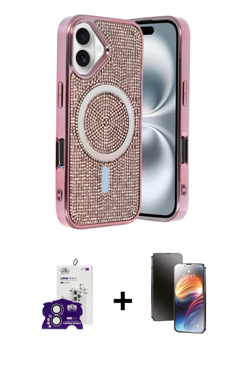 ieg™ iPhone 16 Kılıf Eksen Çizgi - Siyah 3D Antistatik Mat Seramik Nano Ekran Koruyucu + Pembe Bilvi
