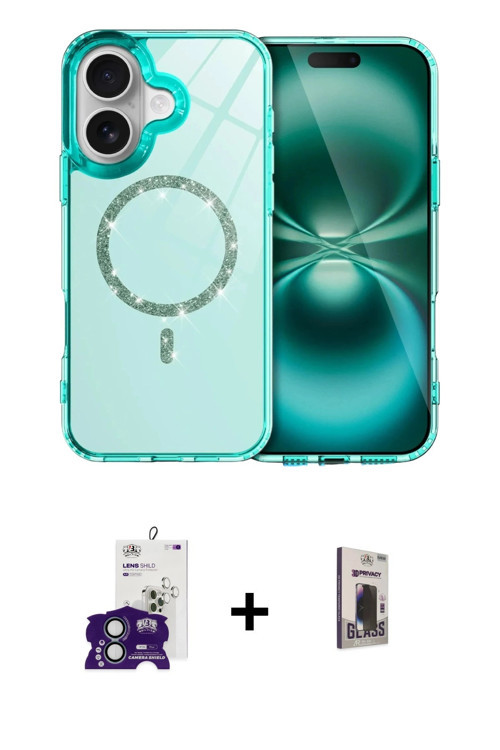 ieg™ iPhone 16 Kılıf Kıvılcım Form Prime - Siyah Bilvis Hayalet Cam Ekran Koruyucu + Yeşil Bilvis Ti
