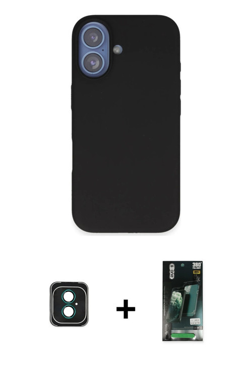 ieg™ iPhone 16 Kılıf Kıvılcım Çizgi Serisi - Siyah 360 Mat Full Body Arka Koruyucu + Yeşil PVD Metal