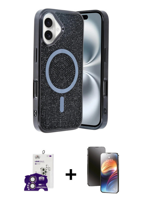 ieg™ iPhone 16 Kılıf Eksen Çizgi - Siyah 3D Antistatik Mat Seramik Nano Ekran Koruyucu + Pembe Bilvi