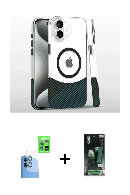 ieg™ iPhone 16 Kılıf İz Asil Prime - Siyah 360 Mat Full Body Arka Koruyucu + Lacivert Raze Metal Kam
