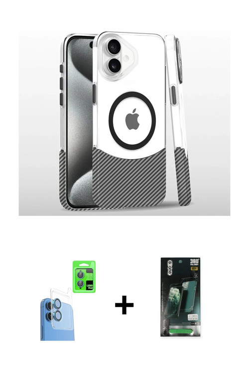 ieg™ iPhone 16 Kılıf İz Asil Prime - Siyah 360 Mat Full Body Arka Koruyucu + Lacivert Raze Metal Kam